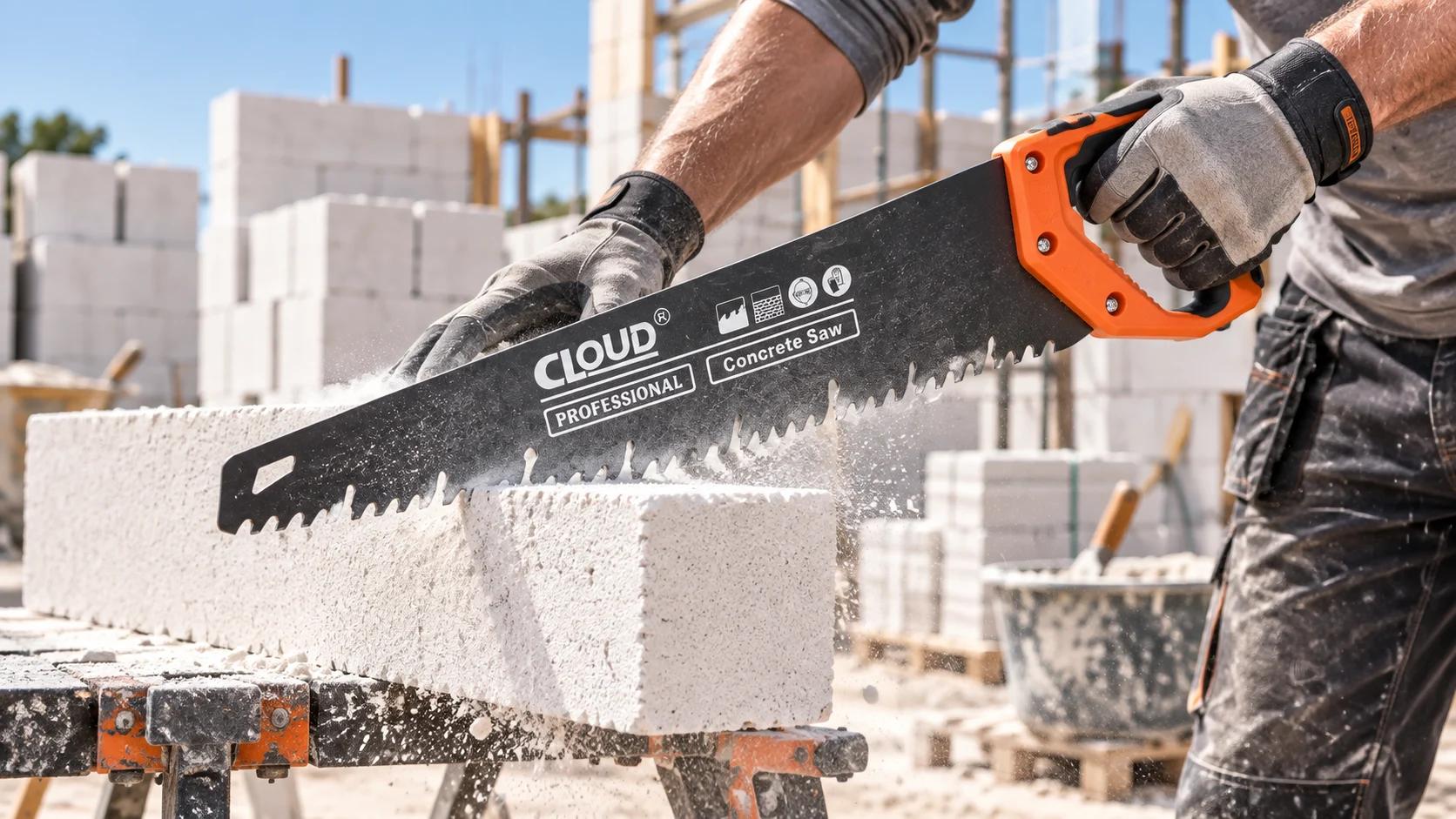 Construction hand saw beside a masonry block on a workbench