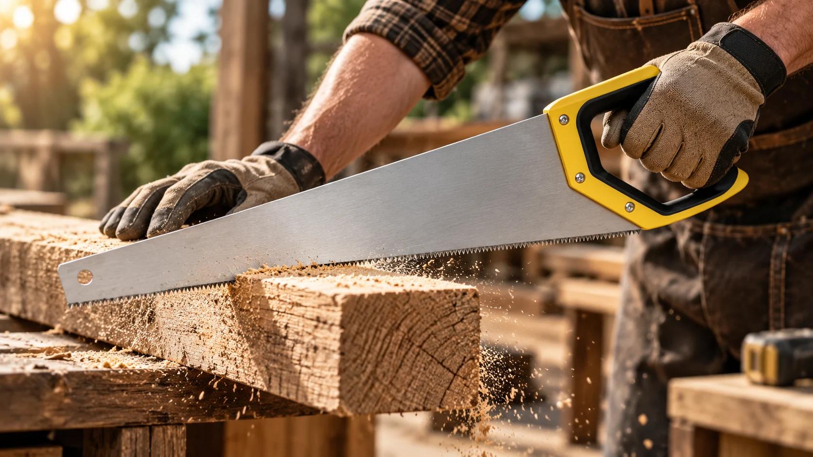Woodworking hand saw cutting timber on a workshop bench
